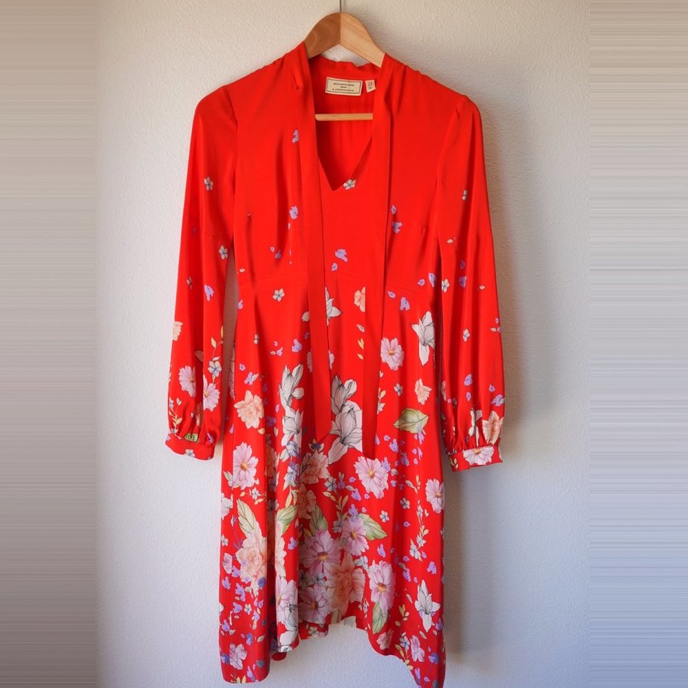 Anthropologie Red Floral Dress with Sleeves